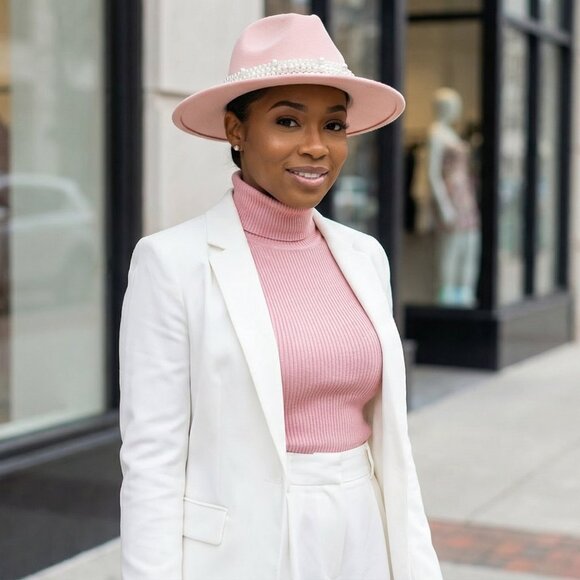 Light Pink Fedora Jazz Hat with Wide Pearl Belt main image 8